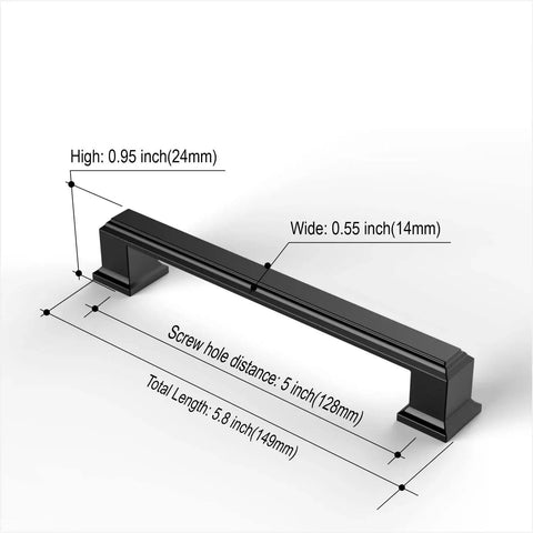 Matte Black 5 Inch Cabinet Pulls 10 Pack With 128mm Hole Centers featuring measurements for kitchen cabinets and drawers.