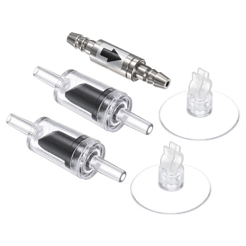 M METERXITY aquarium check valves set: two clear plastic one-way valves, one stainless steel valve, plus two suction cups