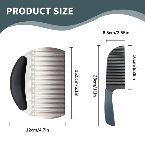 Restaurant-Quality Crinkle Cutter Knife For Veggies And Potatoes, Stainless Steel Slicer With Durable Rubber Handle, size dimensions shown