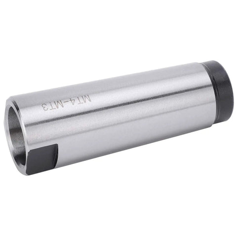 Side view of MT4-MT3 Morse taper reducing adapter, high-speed steel, silver body with black end.