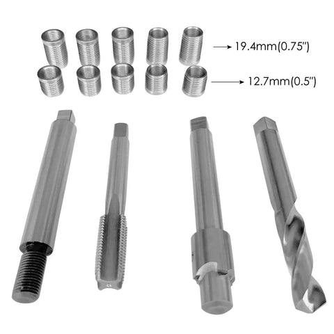 Three Eighths Twenty Four Thread Repair Kit with two insert lengths, half and three-quarter inch stainless steel inserts, drill, and tap
