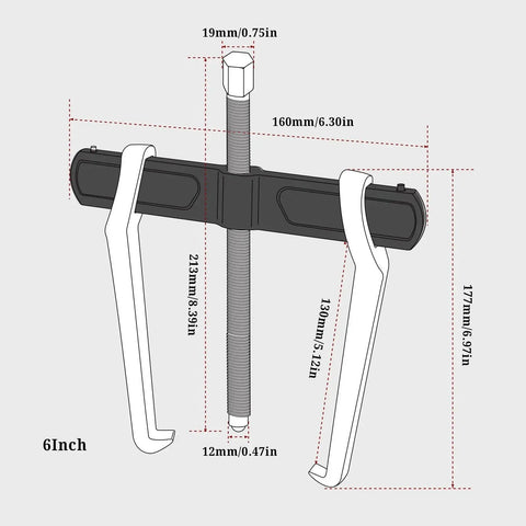 Diagram of 6 Inch 2 Jaw Gear Puller for internal and external removal, showing size measurements and heat-treated CRV steel construction.