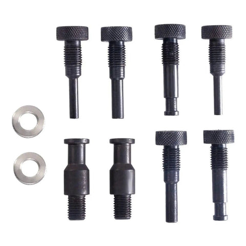 8-piece set of black metal camshaft sprocket locking bolts with knurled heads and two washers