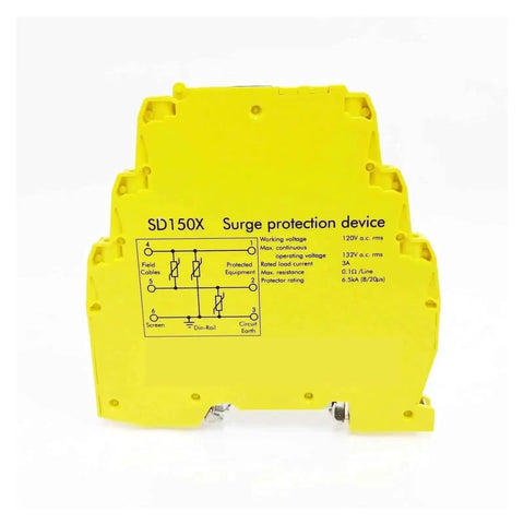 Industrial Overvoltage Surge Protector SD150X for DIN rail mounted equipment, shown in yellow with specifications diagram.