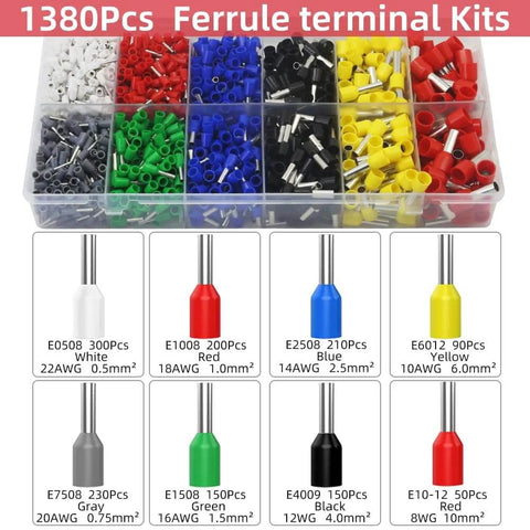 1380 red copper wire end sleeves and terminals kit with assorted colors and sizes for Pro Grade Heavy Duty Square Ferrule Crimping Tool Kit