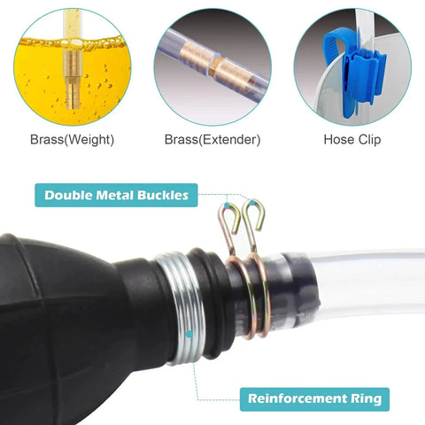 Close-up of Manual Gas Siphon Pump For Water And Fuel Transfer With Two 15mm PVC Hoses, showing brass components and hose clip.