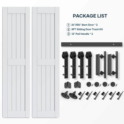 Image of Double 24x84 Inch White Barn Doors With 8 Ft Sliding Door Hardware Kit Included, showcasing solid wood waterproof construction.