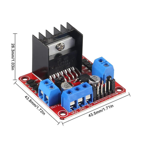 Close-up of 12 Pack Dual H Bridge Motor Driver Controller Board Module for Arduino Projects with jumper wires, dimensions 43.8mm x 43.5mm.