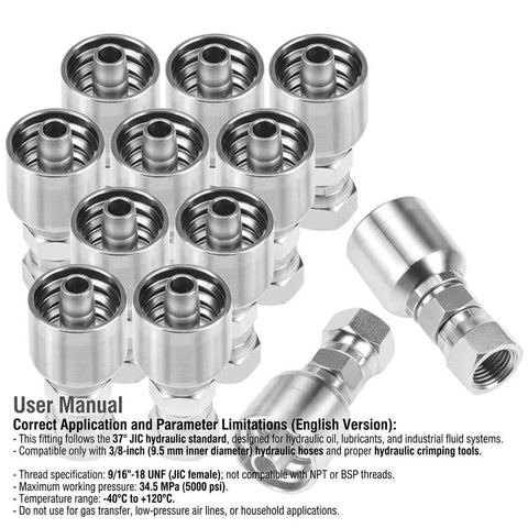 QWORK hydraulic hose fittings set, 12-pack, 3/8 in JIC 37° female swivel crimps, steel connectors