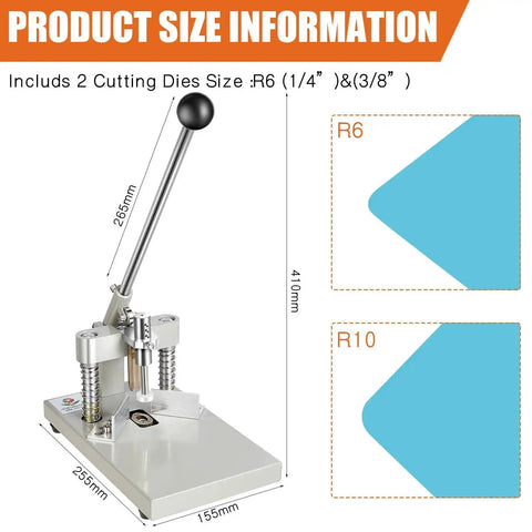 Heavy Duty Corner Rounder Punch Cutter with sizes R6 and R10 displayed, showing metal construction and measurements for precise use.