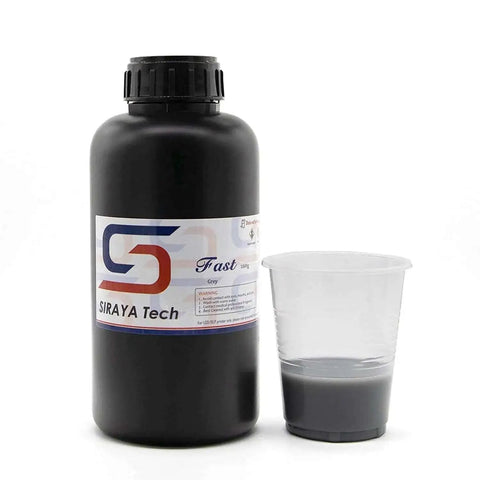 Fast ABS Like 3D Printer Resin For LCD DLP 405nm UV Curing Non Brittle High Precision Photopolymer Gray 1kg bottle next to filled cup