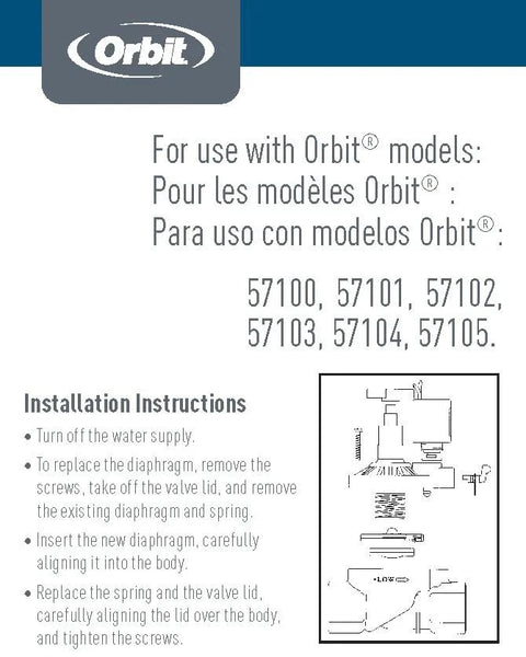 Orbit 57045 100-Series Diaphragm Repair Kit, Black for Orbit irrigation valves; product label with installation diagram