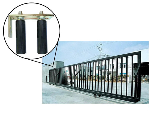 Universal Heavy Duty Slide Gate Guide Roller 6 Inch Black Rear Post Bracket with Adjustable Dual Nylon Rollers shown installed