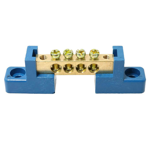 Two Pack 4 Position Terminal Bus Bar Blocks, beefy heavy duty brass screw terminal with copper contact, blue plastic insulator