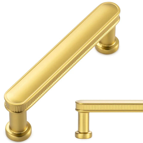 Alt Tag: 3 Inch Brushed Gold Cabinet Handles Set, close-up view of gold handle with smooth edges, P35 Style Easy Mount