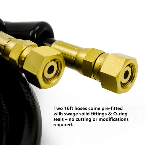 Two brass hydraulic hose fittings with black hose, O-ring seals visible, close-up view