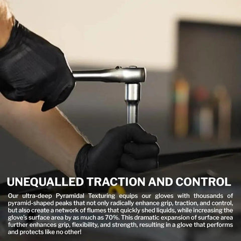 Heavy-Duty Nitrile Disposable Gloves 6 Mil Latex-Free Raised Texture holding a wrench for automotive work