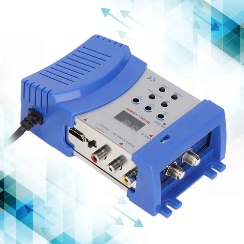 HDMI To RF Modulator For TV With PAL NTSC Support, side view showing input ports and cables