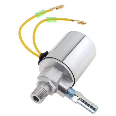 Air Horn Solenoid Valve One Quarter Inch NPT For 12V And 24V DC Systems, chrome plated metal housing, 150 PSI, side view