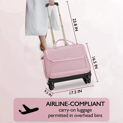 Rolling Laptop Bag For Women With Four Spinner Wheels And Telescopic Extendable Handle TSA Friendly in pink, size dimensions shown