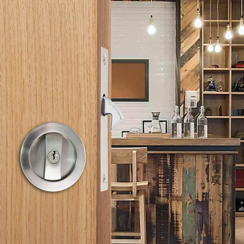 Invisible Barn Door Lock Set With Cup Handle And Keys in Silver Zinc Alloy on installed modern interior oak door