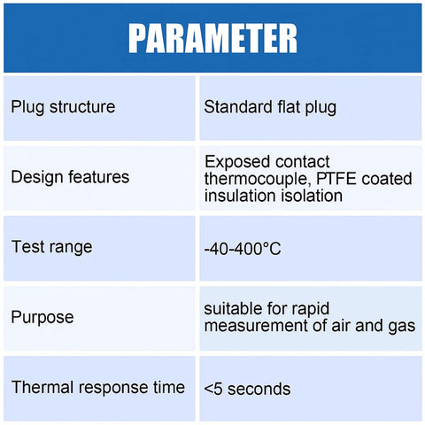 K-Type thermocouple sensor specification sheet; blue PARAMETER header showing plug structure, -40 to 400°C range, PTFE insulation, <5 s