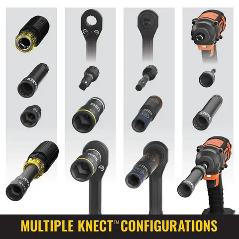 Multiple configurations of 11-In-1 Ratcheting Screwdriver And Nut Driver Kit With Impact Rating, showing bits and drivers.