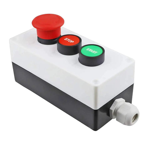 1 No Start 1 NC Stop Momentary Push Button Switch Set With Red Mushroom Emergency Stop Latching Station, panel mount, side view
