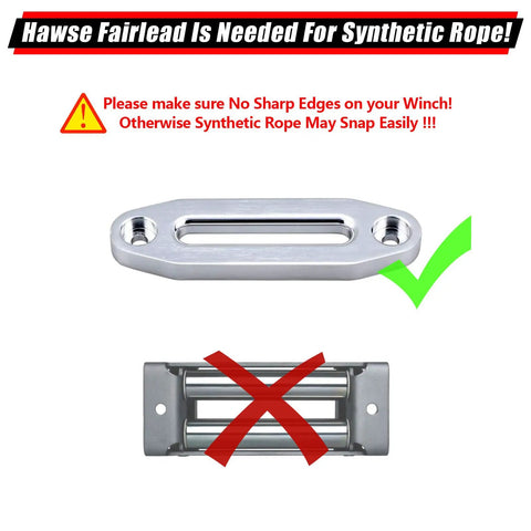 Hawse fairlead for synthetic rope installation guidelines with warning and checks for sharp edges.