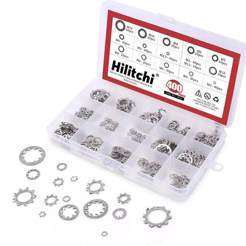Hilitchi 304 stainless steel external/internal tooth star lock washer set, 400 pcs, M2–M12, clear case