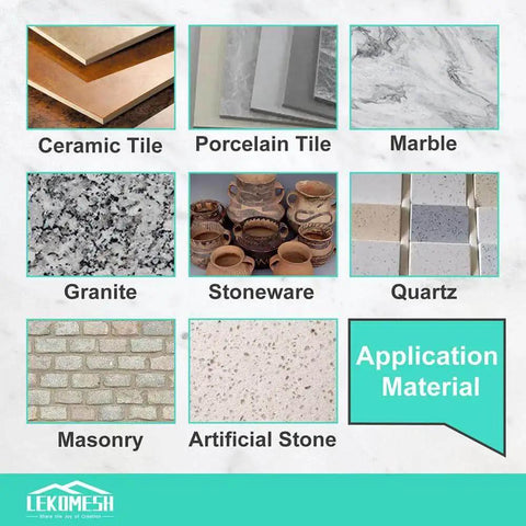 Tile materials including ceramic, porcelain, marble, granite, stoneware, quartz, masonry, and artificial stone with text.