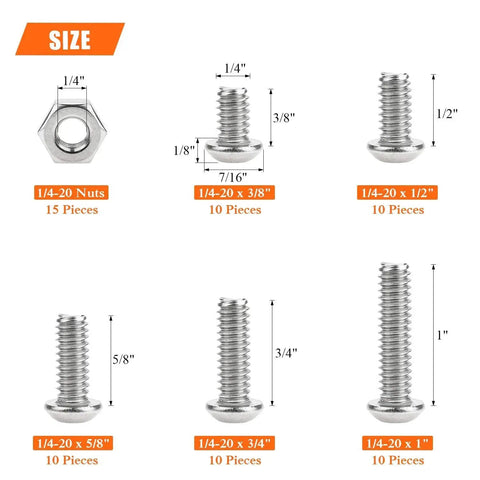 65 Piece Socket Cap Screws Set In Five Sizes 1/4-20 X 3/8 Inch 1/2 Inch 5/8 Inch 3/4 Inch And 1 Inch 304 Stainless Steel Button Head UNC Thread Great for DIY Projects Home Repairs Automotive and Machinery HELIFOUNER set pieces layout with size labels
