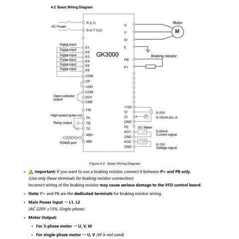 Basic wiring diagram for 10 HP VFD Drive For Single Phase Motors, illustrating connections and terminal functions.