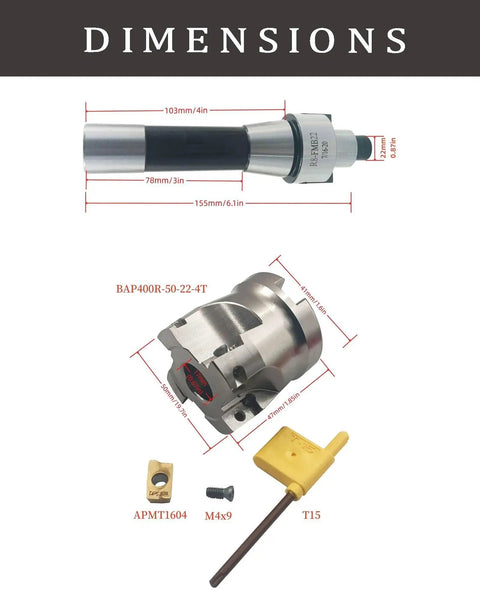 2 Inch Face Mill Arbor Kit By KinRite With BAP400R 50-22-4T Face Milling Cutter 50mm and accessories shown in diagram