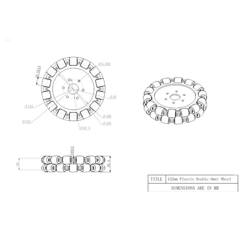 Technical drawing of Dope Omnidirectional Mecanum Wheel for 152mm Robot DIY Kit with 19mm rollers, aluminum alloy, 6 inch double wheel.