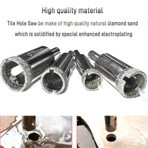 Diamond Drill Bits For Glass 10 Piece Hole Saw Set With Industrial Grade Grit, various sizes displayed, cutting through materials