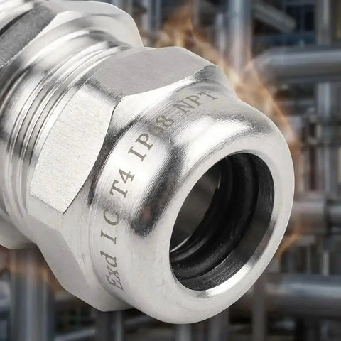 Close-up of Two Pack 1/2 Inch NPT Stainless Steel Waterproof Cable Glands IP68 Rated Adjustable 6-12mm with industrial background