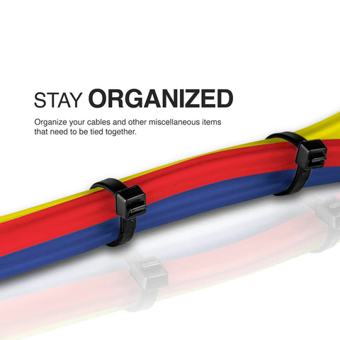 Cable ties by Amazon, two black UV-resistant 8-inch zip ties securing red, yellow, and blue cables