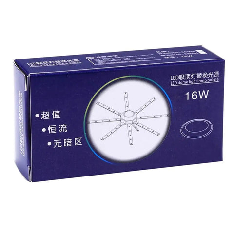 Box of 16W LED dome light lamp plate with design illustration on blue packaging