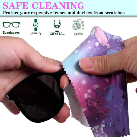 Person cleaning sunglasses with 12 Pack Cartoon Color Microfiber Cleaning Cloths For Cameras Lenses Glasses Sunglasses Jewelry Crystals And Screens