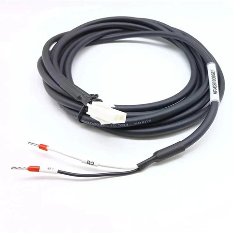 Front view of holding brake cable for servo motor, 15 m, black jacket, white 2-pin plug, two stripped conductors.