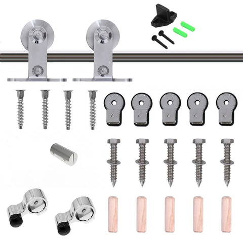 Top Mount Stainless Steel Barn Door Hardware Kit For Double Wood Doors with screws, rollers, and track system components