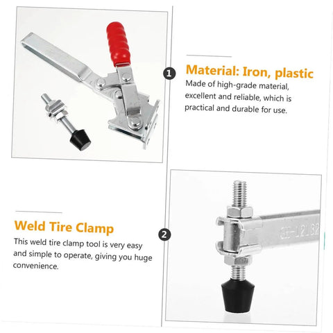 Image of a heavy duty iron toggle clamp with a red handle and rubber tip, ideal for woodworking and welding, highlighting material and features.
