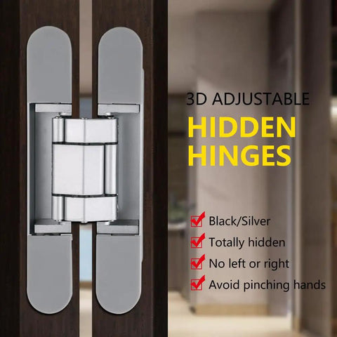 Hidden Door Hinges 6 Inch Heavy Duty Concealed Zinc Alloy 180 Degree Swing 3 Way Adjustable Butt Hinge For Secret Doors Low Profile Stealth Design Invisible Door Hardware Silver 2 Pack, shown installed in wood door.