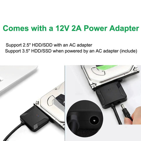 Plug And Play SATA To USB 3.0 External Adapter Cable for 2.5 Inch and 3.5 Inch HDD and SSD with 12V 2A power supply shown connected.