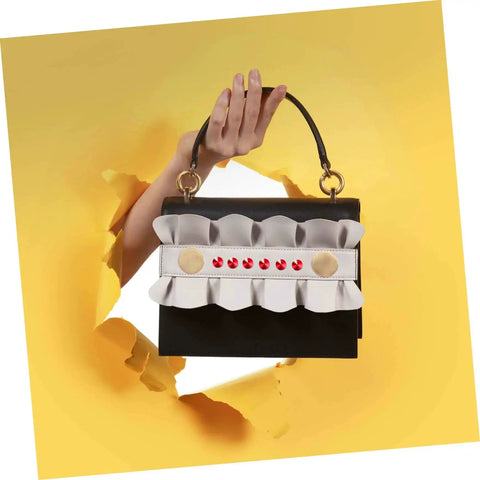 Plastic Decorative Rivet Stud Kit For Clothing And Bags DIY Rivets Buckle Set on handbag with ruffles and red details