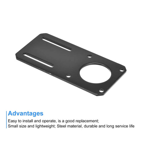 Sturdy 132x65mm Black Motor Bracket Mounting Holder for NEMA 23 Stepper Motor, steel plate with holes, shown flat with advantages text