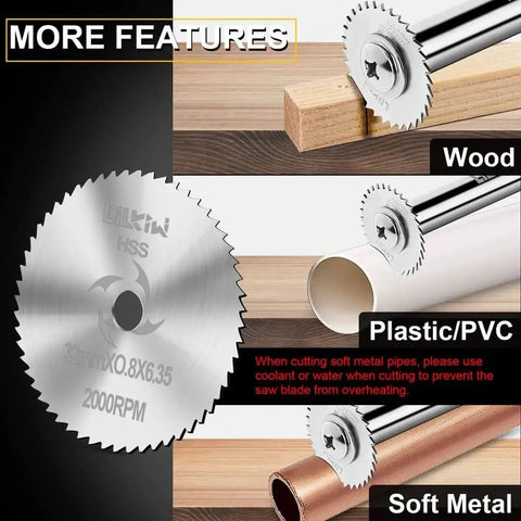 One Quarter Inch Hex Shank Rotary Drill Saw Kit With Five HSS Cutting Blades for wood, plastic, and soft metal cutting