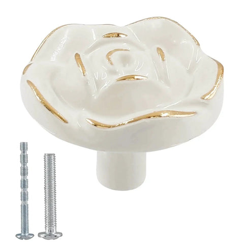 Ivory White Rose Flower Cabinet Pulls 8 Pack With 8 Mounting Screws Vintage Style Kitchen Drawer Knobs Gold Finish