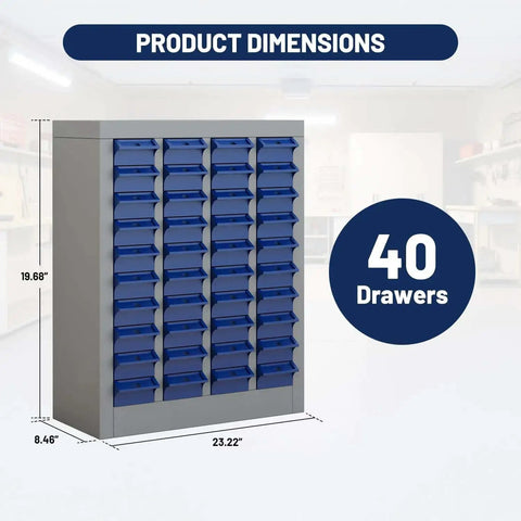 Front view of 40 Drawer Bolt Bin Organizer Cabinet with metal body and ABS drawers, dimensions labeled, in garage workshop.